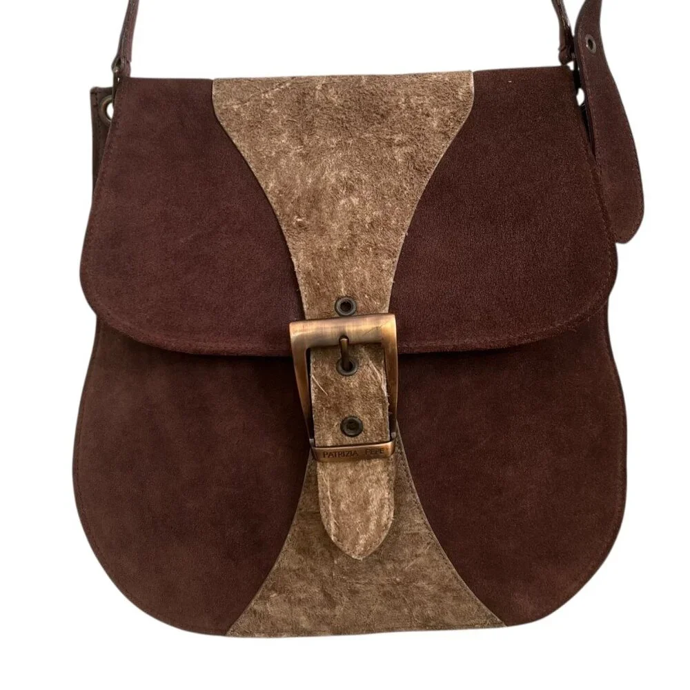 Patrizia Pepe Suede Leather Flap Buckle Crossbody Satchel Brown‎ Western Boho